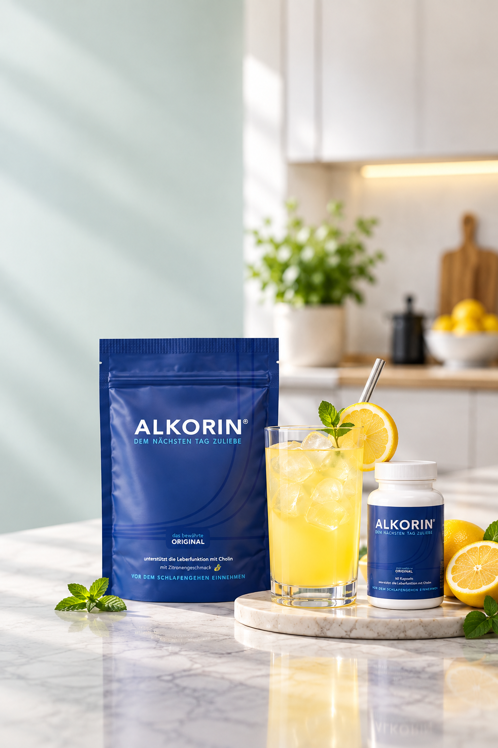 ALKORIN® Original mit Zitronenlimonade und Kapseln in heller Küche
